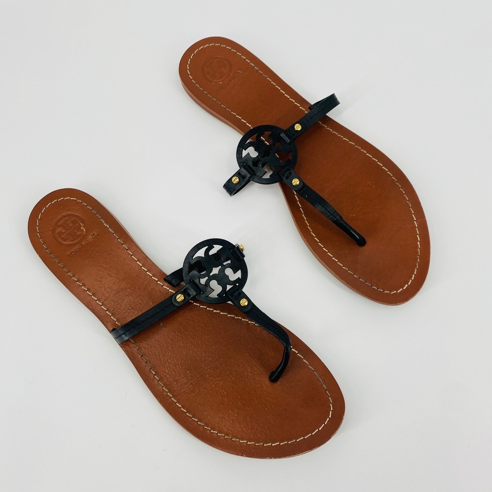 Tory Burch Miller Thong Sandals Women Black Leather Logo Flat